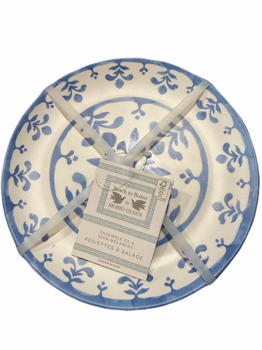 SIGRID OLSEN NWT 4pc 100% melamine floral scroll print salad plates -wht/blue